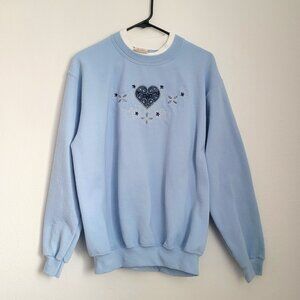 Vintage Morning Sun Heart Embroidered Baby Blue Crewneck Sweatshirt Size L